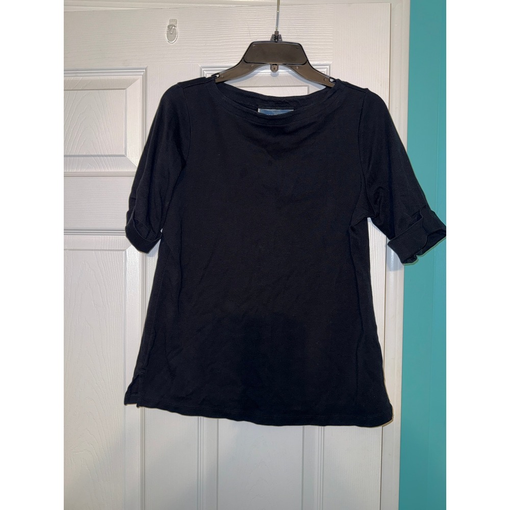 Karen Scott Womens Black Boat Neck Cuffed Short Sleeve Knit Top Size Medium